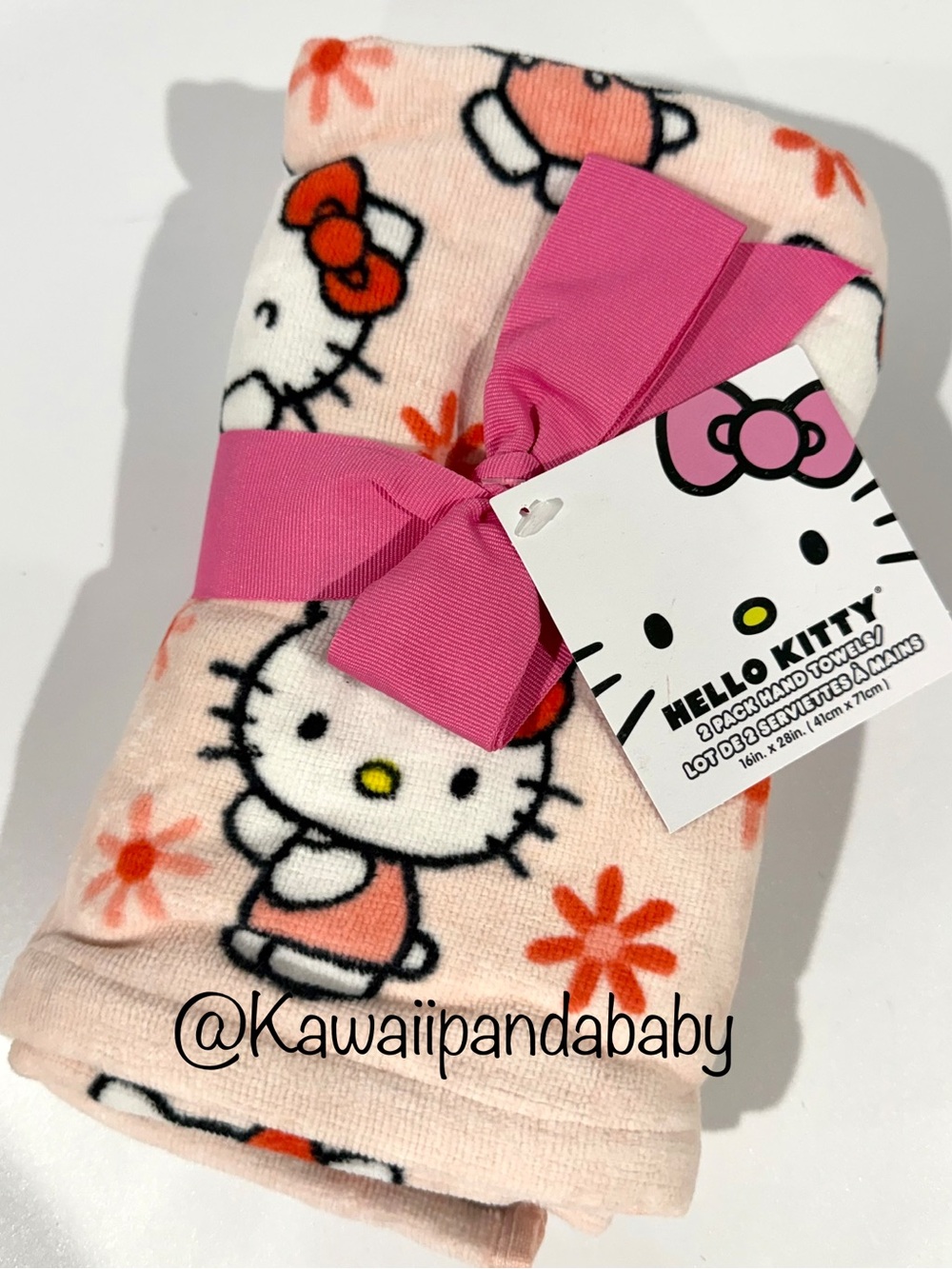 NWT Set of 2 Hello Kitty Flower Pink Peach Terry Velour Kitchen Bath Hand Towels